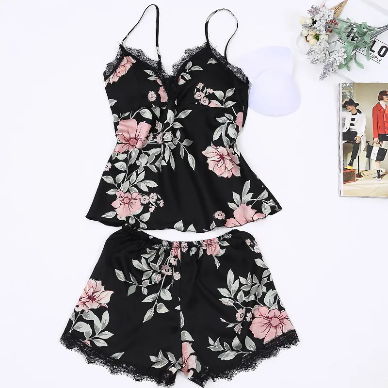 

2019 new summer pyjamas women with chest pad color sling shorts sleepwear silk sexy pajamas
