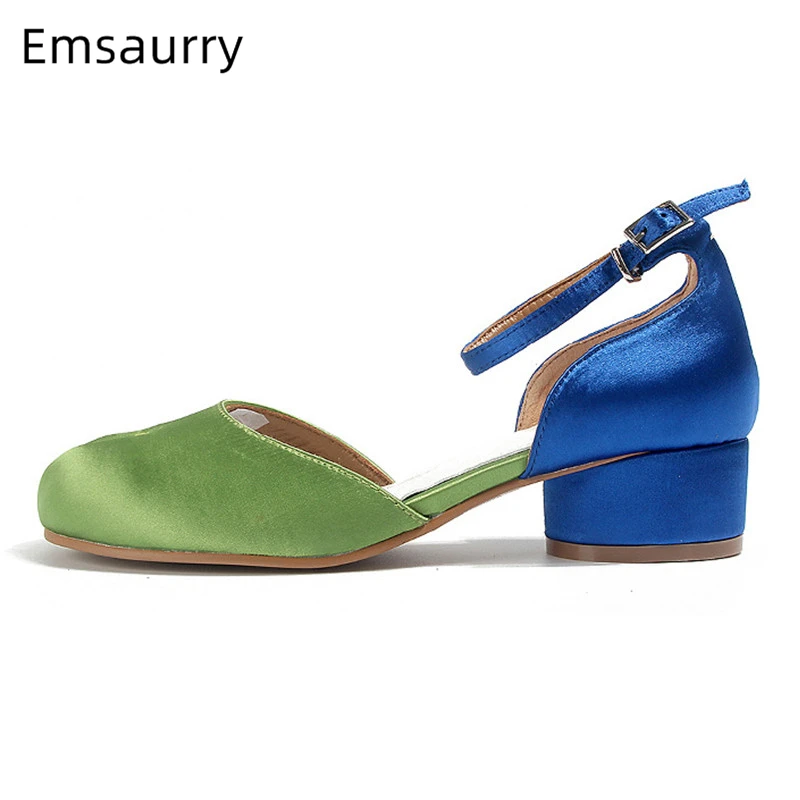 

Ankle Strap Mixed Color Satin High Heel Shoes Woman Patchwork Round Heel Med Heel Split Toe Outwear Shoes Spring Pumps Women