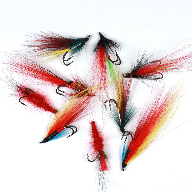 10PCS Mix Color Salmon Steelhead Fly Double Hook Yellow Blue Shrimp
