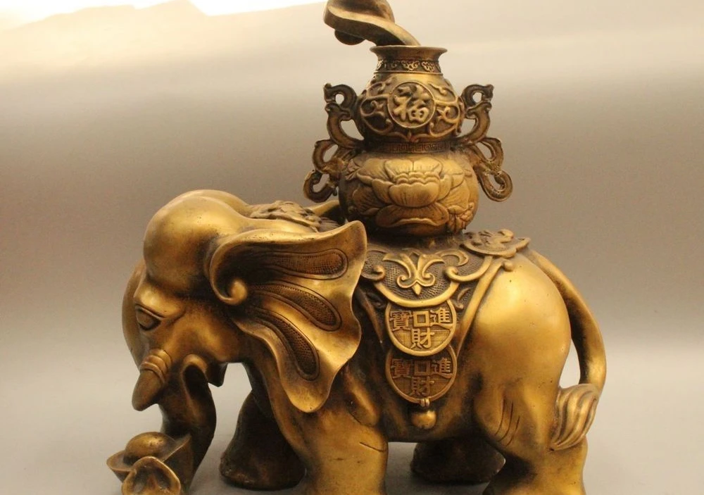 

15" Chinese Bronze Money Elephant cornucopia Ru Yi treasure bowl Coin Statue
