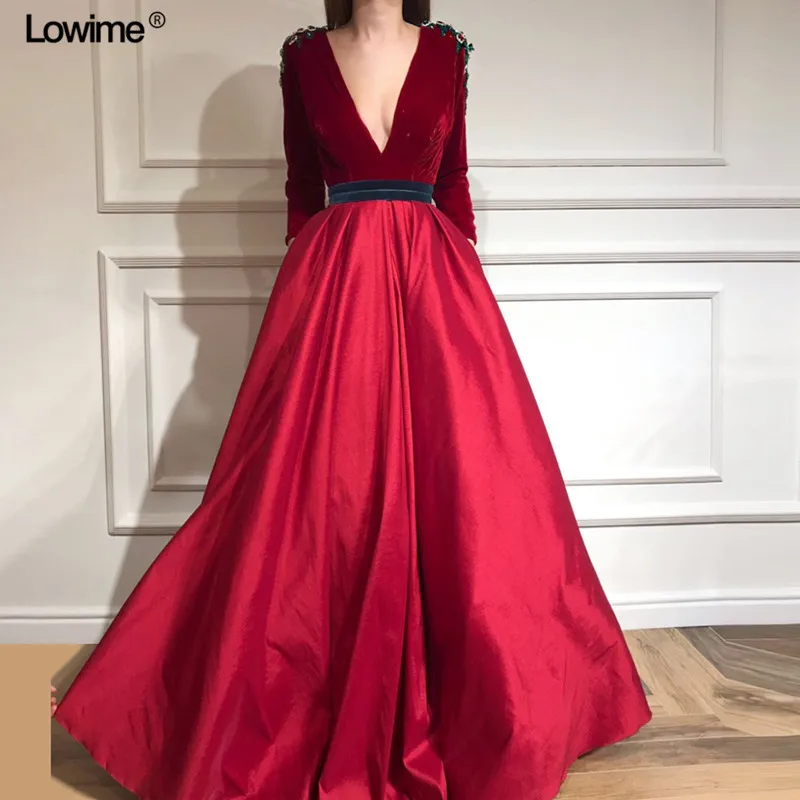 

Simple Design Burgundy Long Evening Dresses A-Line Long Sleeve Deep V-Neck Sexy Prom Party Gowns Runaway Ceremony Dresses Formal