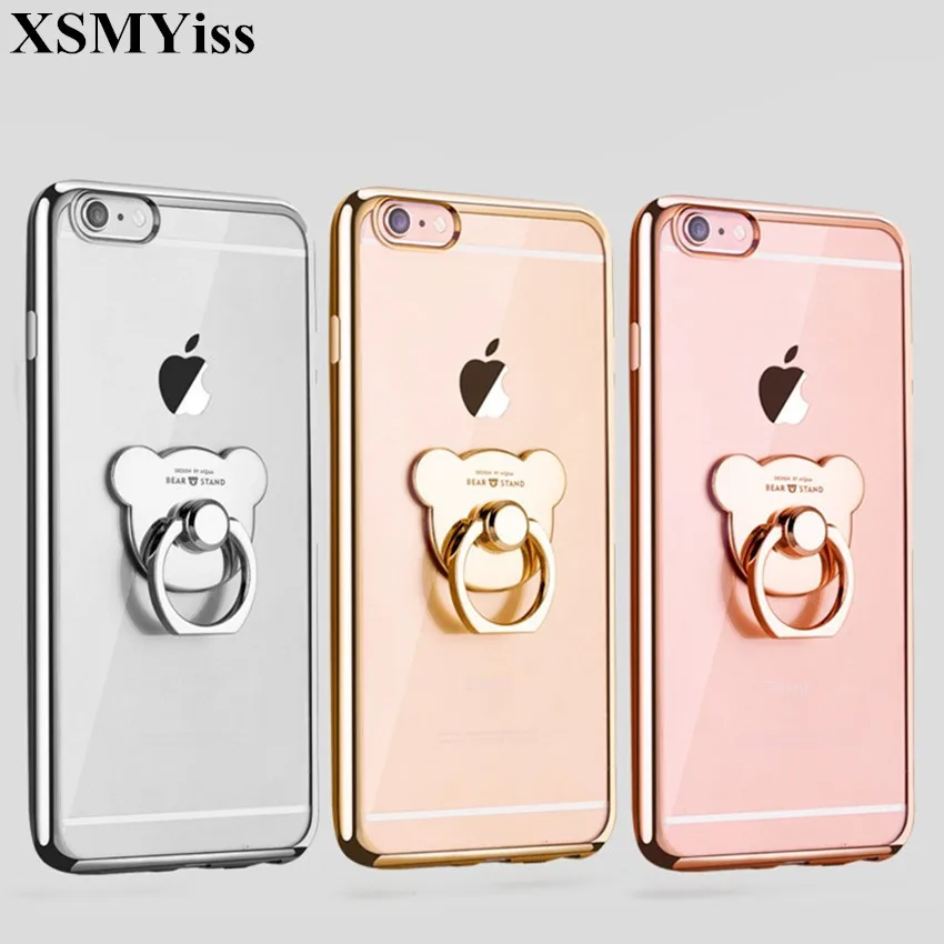 XSMYiss Fashion TPU With Bear Finger Ring Stand Holder Ultra Thin Phone Case For Samsung S5 S6 S7 edge S8 S9 Plus Note 3 4 5 8 |