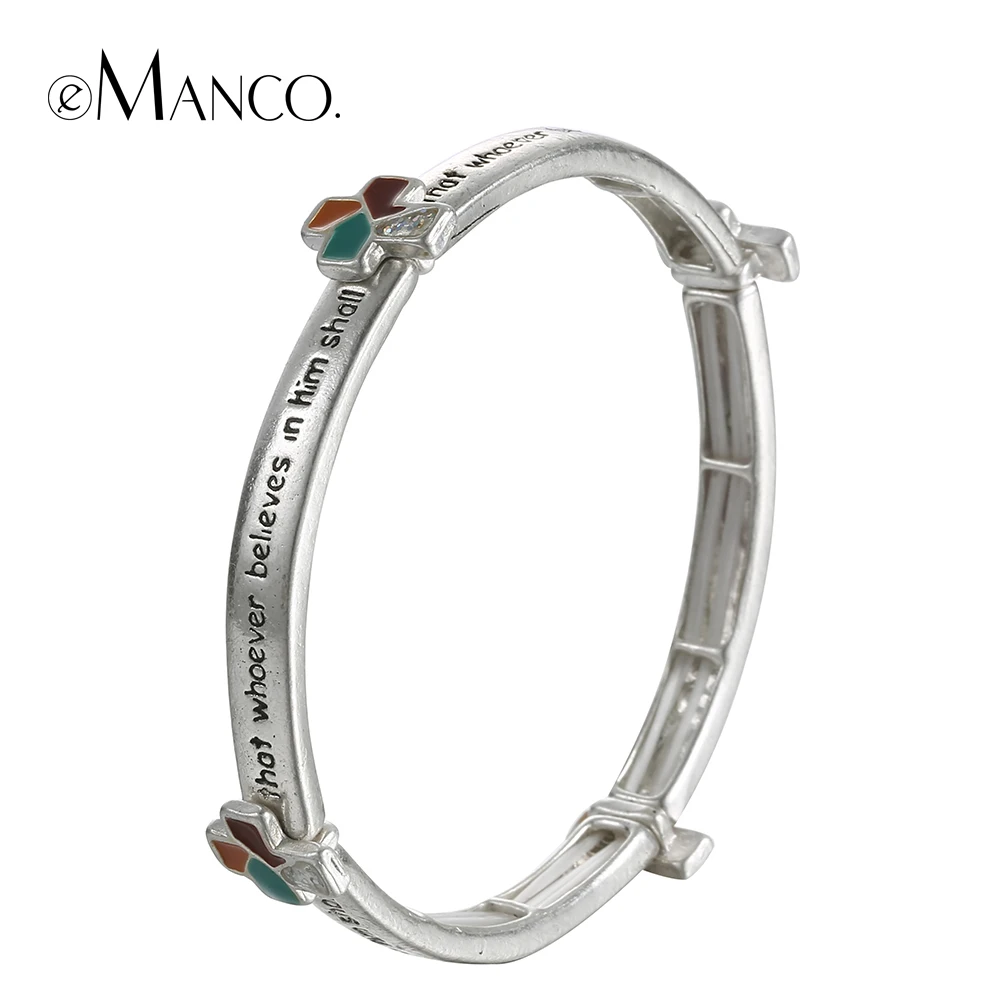 

eManco alloy elastic bangle enamel cross engraved bracelets for women antique silver plated minimalist letters hand jewelry