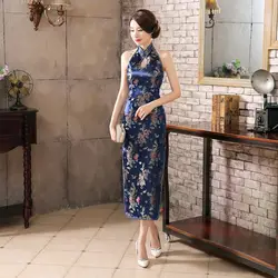 В китайском национальном стиле длинное платье Ципао большой размер, сатиновый ретро костюм светская дракон феникс Для женщин платье с