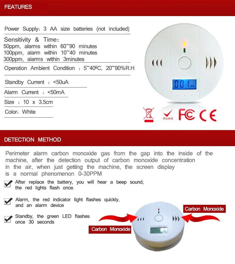 Co Smoke Gas Carbon Monoxide Detector Combo Warning Tester Alarm