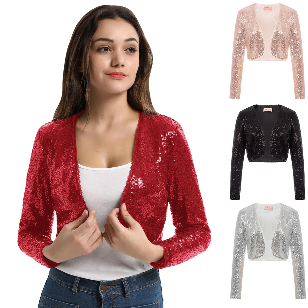 amazing  Women Coat Shining Sequined Long Sleeve Cropped Length Open Front Bolero Shrug
