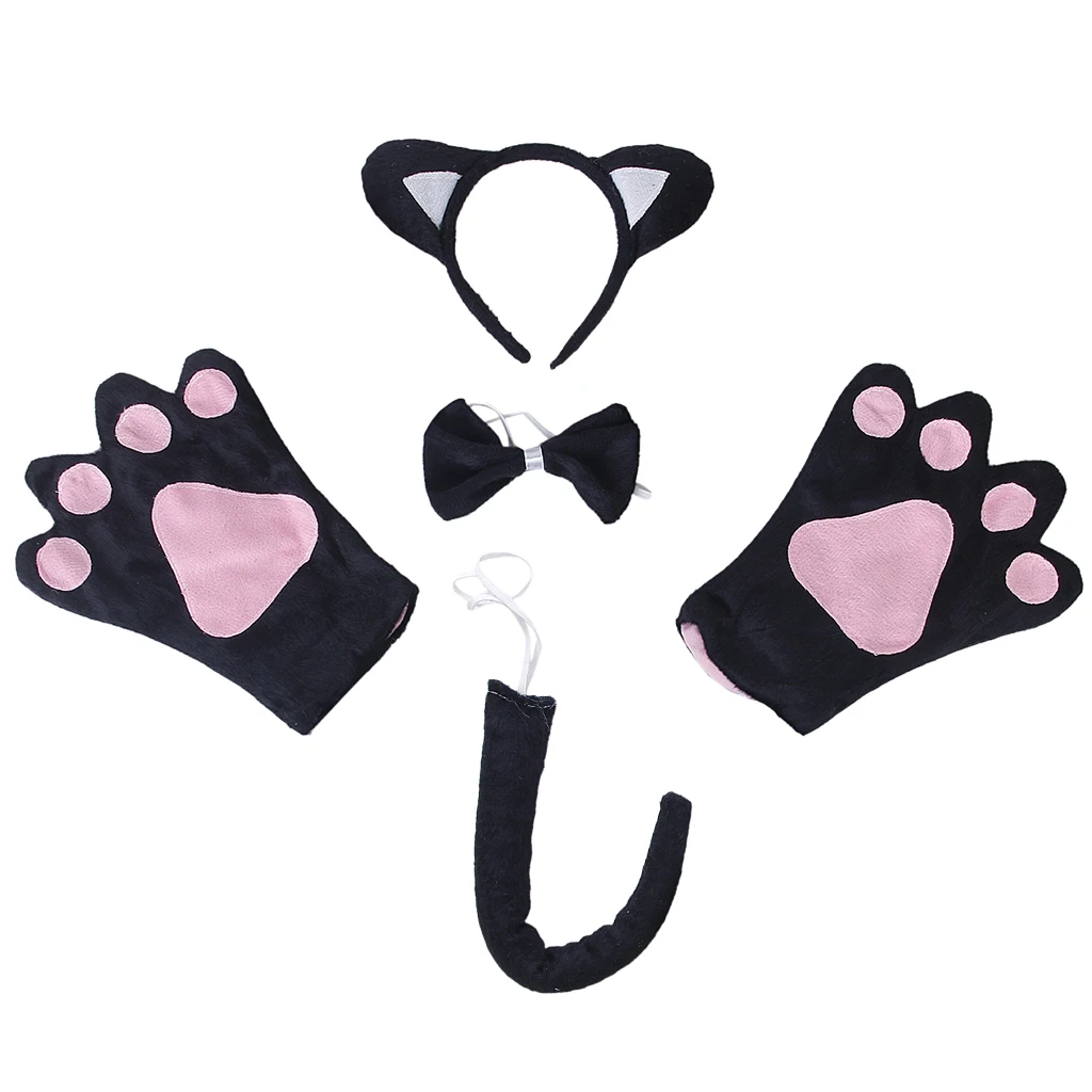 New Black Cat Cosplay Christmas Halloween Costume Outfit Headband Gloves Tie Tail 4pcs Set