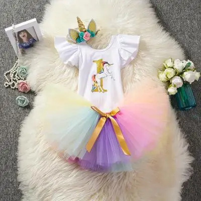 Детское платье для дня рождения для девочек 1 год комплекты одежды с единорогом детское платье-пачка+ боди+ повязка на голову, 3 предмета, реквизит для новорожденных - Цвет: 2