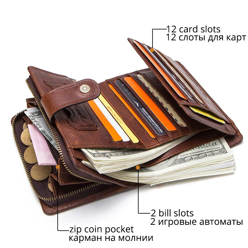 Comprar Cartera vintage de cuero genuino de contacto con RFID para hombres con bolsillo para monedas carteras cortas pequeña cremallera walet con tarjeteros Cartera de hombre