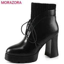MORAZORA/ботинки из коровьей кожи высококачественные женские ботинки на высоком каблуке; сезон весна-осень ботильоны на платформе со шнуровкой; размеры 34-40