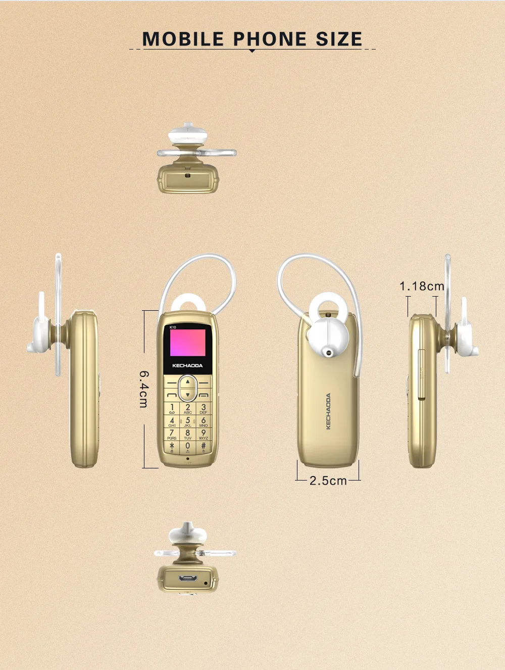 KECHAODA K10 Bluetooth гарнитура Мобильный телефон все-в-одном 0,6" MTK6261DA 32 Мб+ 32 Мб 250 мАч сотовый телефон