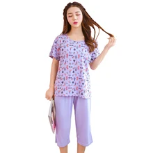 Высококачественная летняя Модальная женская пижама с принтом, короткий рукав, круглый вырез, повседневная женская пижама с бюстгальтером Pad