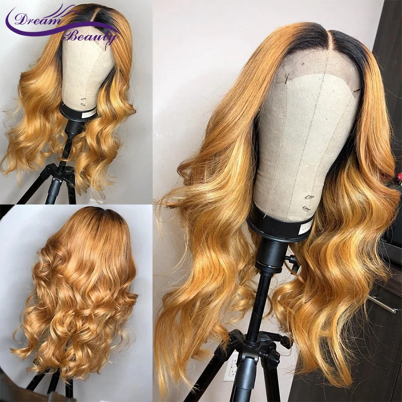 Honey Blonde Human Hair Wig With Baby Hair Preplucked Glueless Lace Front Wig wavy Remy Hair 180 Desnity Lace wigs Dream Beauty