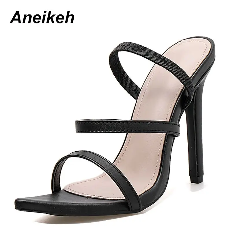 Aneikeh/Коллекция года; модные летние шлепанцы; женская обувь; Женские однотонные вечерние туфли с открытым носком на высоком тонком каблуке; Цвет зеленый, черный; 40 - Цвет: Black