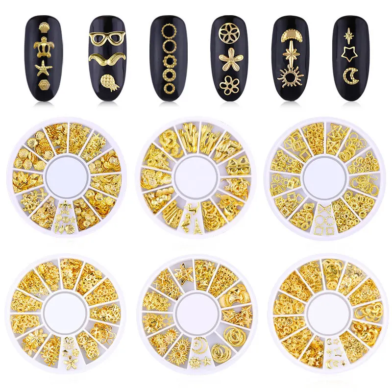 

1box 3D Hollow Nail Art Decoration Metal Mixed Shape Geometry Golden Nails Tips Sequins Manicure UV Gel Polish Studs Sticker New