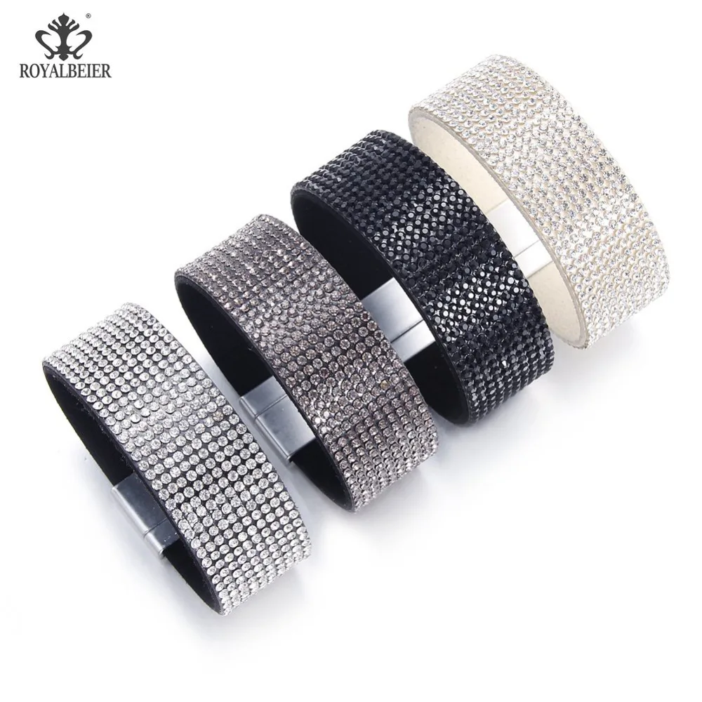 RoyalBeier New Fashion Leather Crystal Bracelet For Women Sparkling Rhinestone Inlaid Women Soft Wide Magnet Buckle Pulsera