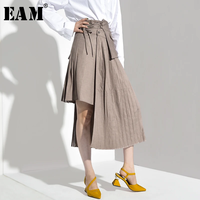 

[EAM] 2019 New Spring Autumn High Waist Spliced Pleated Irregular Bandage Temperament Half-body Skirt Women Fashion YC8500