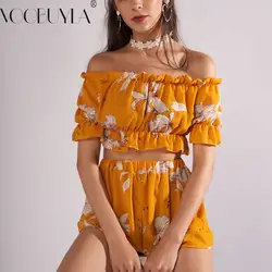 Voobuyla Boho комплекты из двух предметов одежда Для женщин сексуальная Slash шеи укороченный топ и шорты костюмы 2018 Летний пляж с цветочным