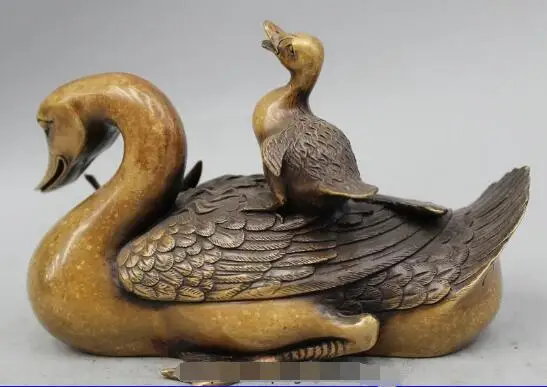 

S1011 8" Chinese Fengshui Pure Bronze Duck Swan Mother Son Animal Statue Sculpture discount 30% (C0324)