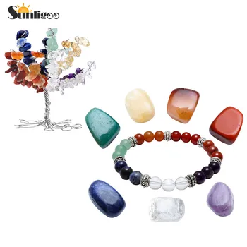 

Sunligoo 7 Chakras Tumbled Chip Gemstones Ornament Tree&Chakra Bracelet&7 Chakras Gemstones Yoga Meditation Beads Stone Kit
