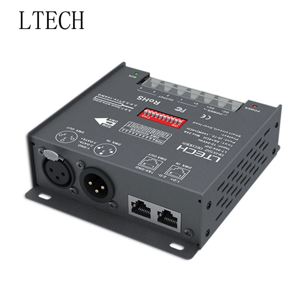 

LTECH 4 Channel LED DMX Decoder LT-904-DIP 4CH CV DMX Decoder Input 6A*4CH Max. 24A 576W Output XLR-3/RJ45 DC12V - 24V