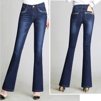

Brand Pants 2019 Elastic Skinny Washed soft Cotton Jeans Women High Waist Flare Pants Plus Size Blue Office Lady Trousers