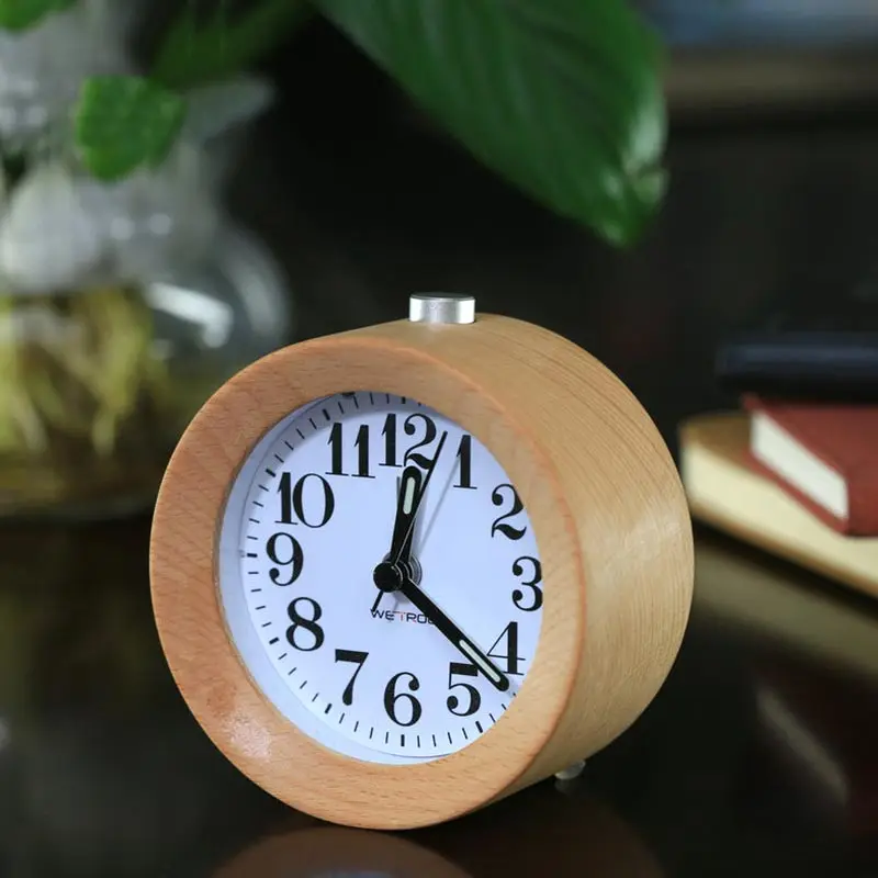 

Silent Desk Snooze Beech Wood Round Alarm Clock Mute Clocks with Nightlight TB Sale