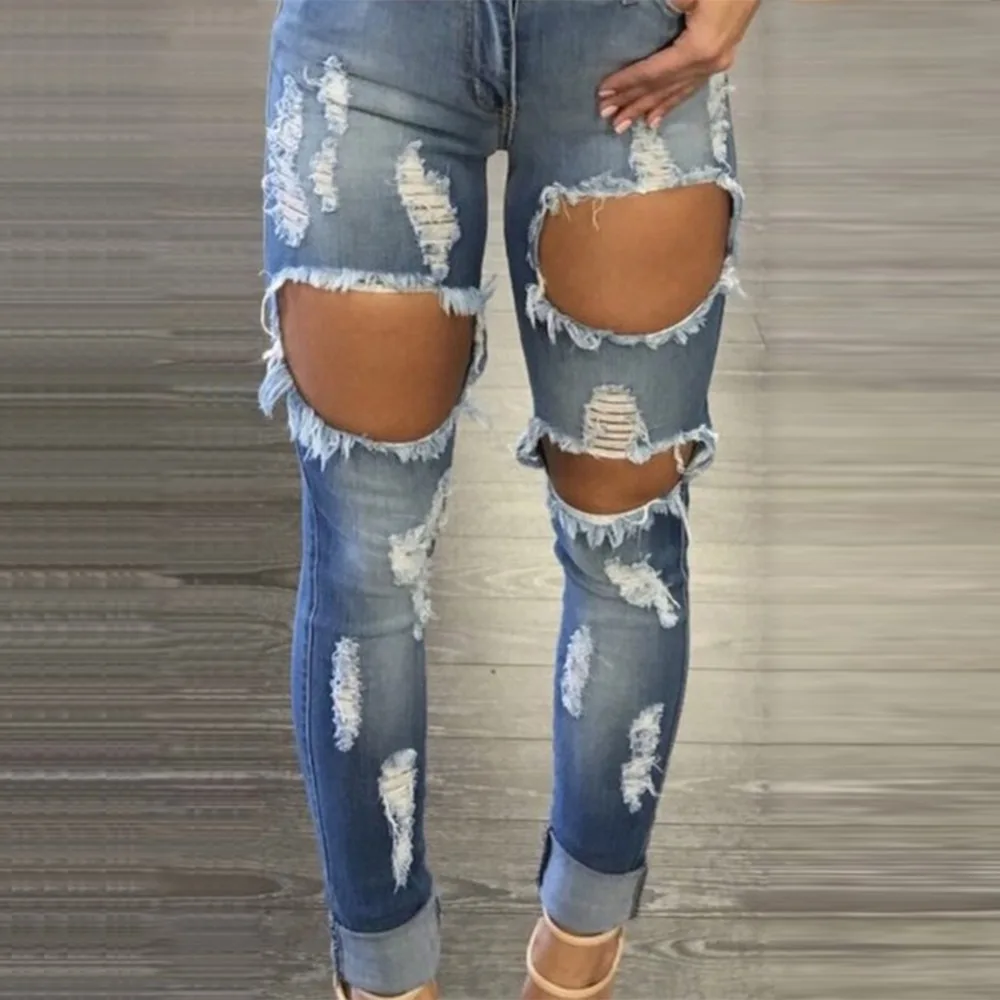 Sexy Vrouwen Grote Gat Broek Skinny Lange Jeans Stretch Ripped Denim Gaten  Potlood Broek #234203|ripped denim|jeans stretchlongli jeans - AliExpress