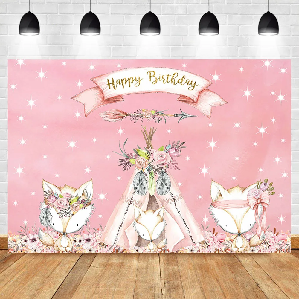 

Woodland Birthday Backdrop Pink Girl Boho Teepee Tribal Animal Photography Background Fox First Birthday Party Banner Backdrops