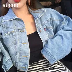 RUGOD джинсовая женская куртка Длинная блузка однобортный Тонкий Повседневный корейский стиль уличная мода весна и лето Джинсовая куртка