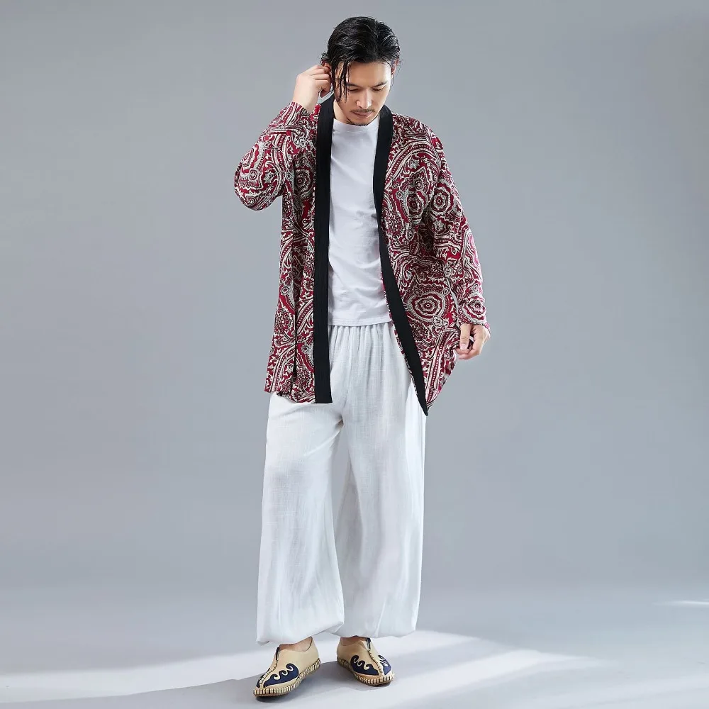 LZJN Long Sleeve Shirt Mens Summer Kimono Cardigan Casual Cotton Hanfu Contrast Color Blouse Male Open Front Trenchcoat (10)