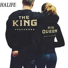 HALIFE Fashion King Queen Women Men Couple Clothes Sporting Long Sleeve Letter Print Black TShirt Couple T Shirt For Lovers 940