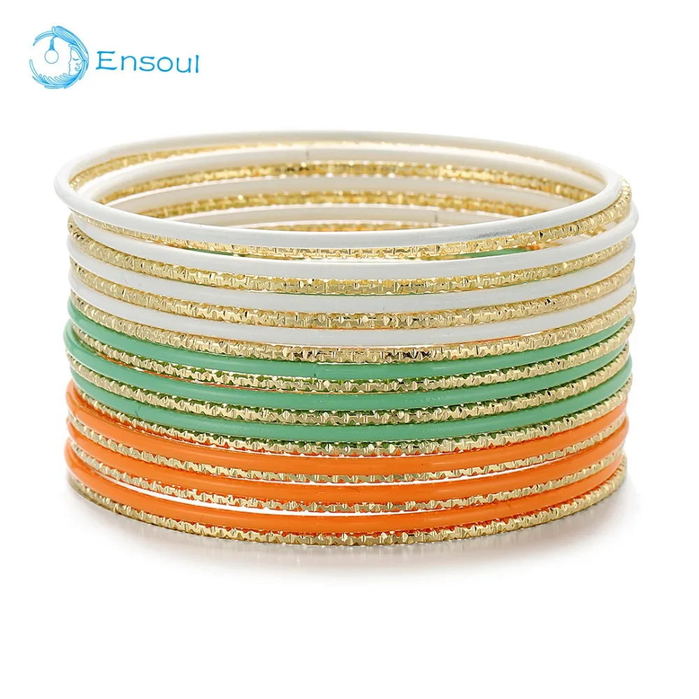 

Ensoul 2019 New Style Shiny Gold with Lt.Green/Lt.Orange/White Color Flower Mixed Metal Women/Girls Bangles&Bracelets Set of 20