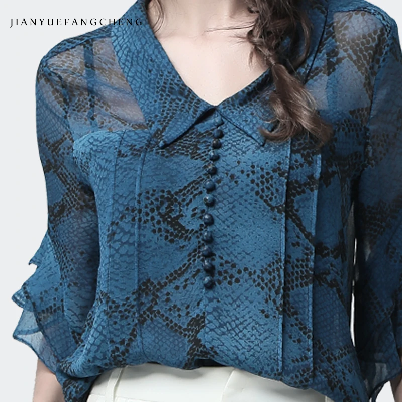 Women Chiffon Blouse Blue Snake Skin Printed See