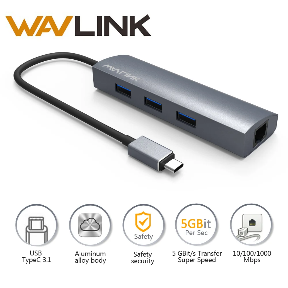 Wavlink USB 3 0 хаб Ethernet адаптер высокоскоростной порта алюминиевый тип C RJ45 сетевая