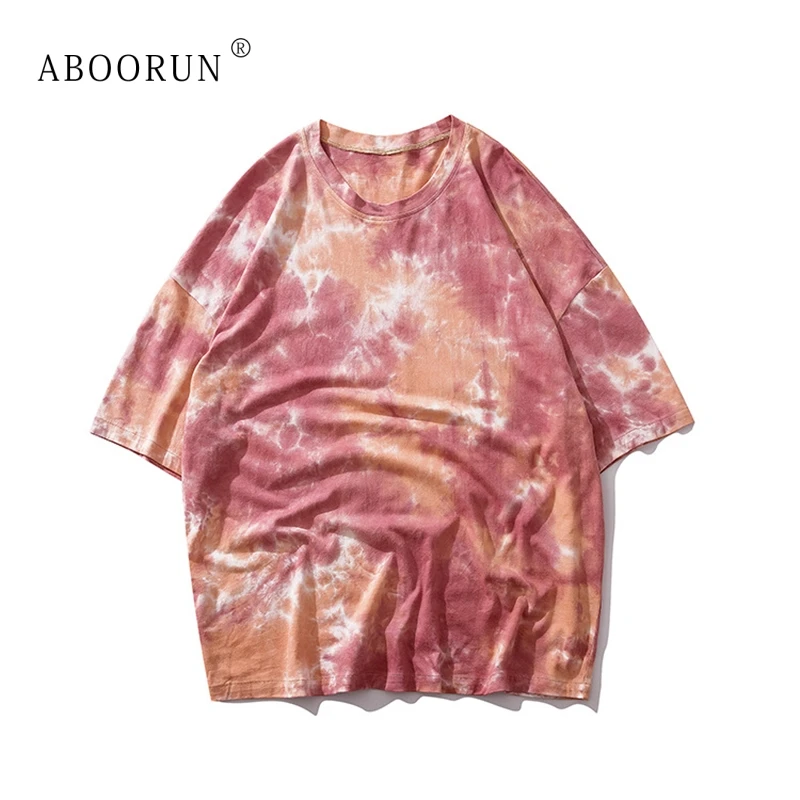 

ABOORUN Men's Fashion Tie Dye T Shirts Hip Hop Letters Printed T-Shirts Summer Short Sleeve Top Tees for Male R855