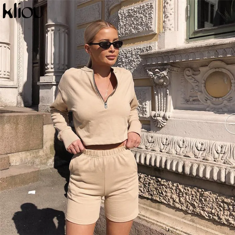 

Weirdgirl autumn full sleeve solid color zipper o-neck crop top shorts women two pieces sets fitness sporting workout tanksuits