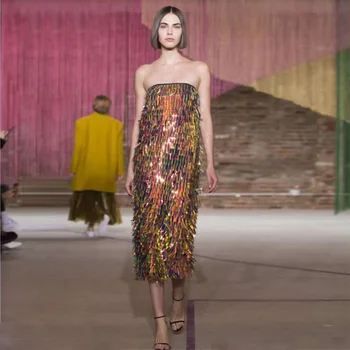 

New Style Fashion Show Colorful Shining Sequin Dress Sexy Strapless Bodycon Celebrity Prom Evening Party Dress Vestido Wholesale