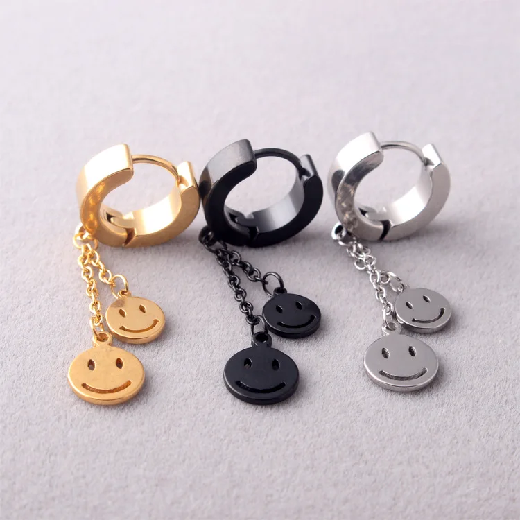 

Fashion Men Women Silver Gold Black Titanium Steel Double Smiling Face Snowflake Stars Key Chain Hoop Huggie Earrings Jewelry