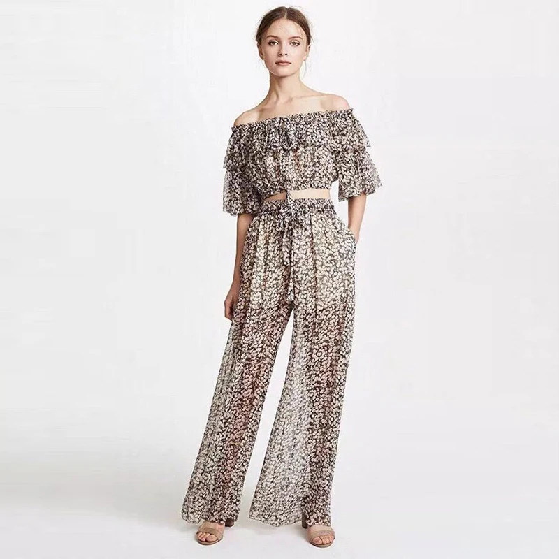 

Summer Two Piece Set Silk Short Style Off Shoulder Blouses Top and Long Pants Sexy Cherry Print Women Sets
