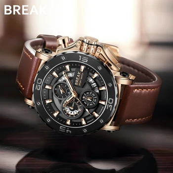 

BREAK Top Luxury Brand Men Watch Fashion Casual Chronograph Military Genuine Leather Quartz Sport Wristwatch Relogio Masculino