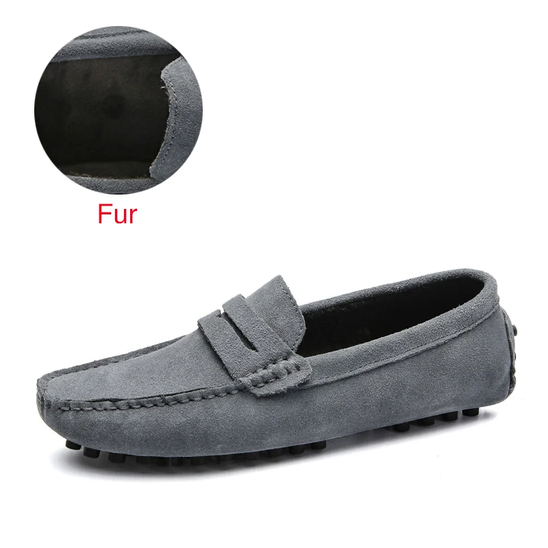 Shoes Men Loafers Soft Moccasins High Quality Autumn Winter Genuine Leather Shoes Men Warm Fur Plush Flats Gommino Driving Shoes - Цвет: Fur Gray