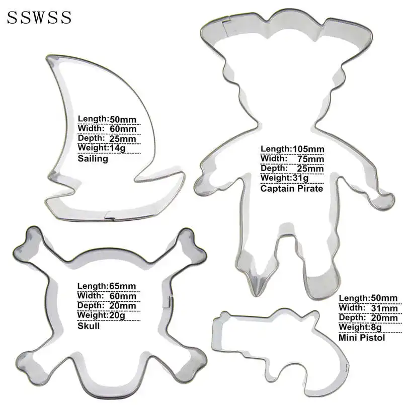 4 Cartoon Pirates Figure,Sailboat,Mini Pistol,Captain Pirate,Skull,Cookie Cutter Baking Molds,Cake Decorating Fondant Tools