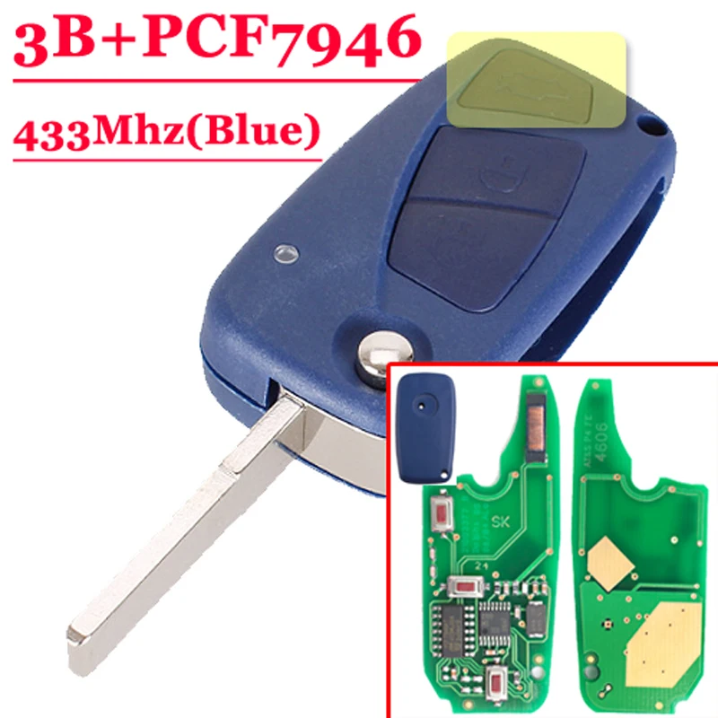 

Free Shipping ( 1pcs ) 3 button 433MHZ Blue Colour Remote Key for FIA 500 Panda Punto Bravo Del Key PCF7946 chip