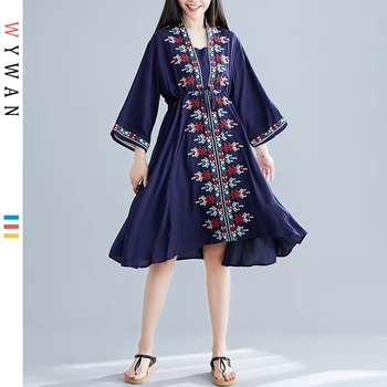 

WYWAN Plus Size Women Long Dress Vintage Lady Vestidos Loose Casual Print Dress Female Elegant Sundress 2019 Spring Summer New