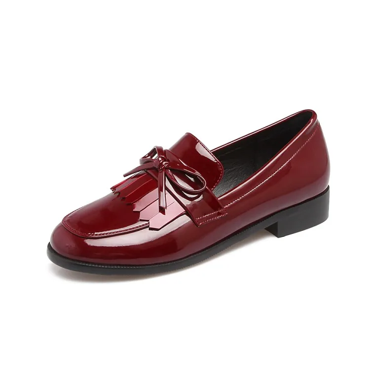 Tassel Bowknot Design Loafers Women Retro Round Toe Shoes Patent Leather Slip-on Women Oxford Causal Ladies Flats Working Shoes (6)
