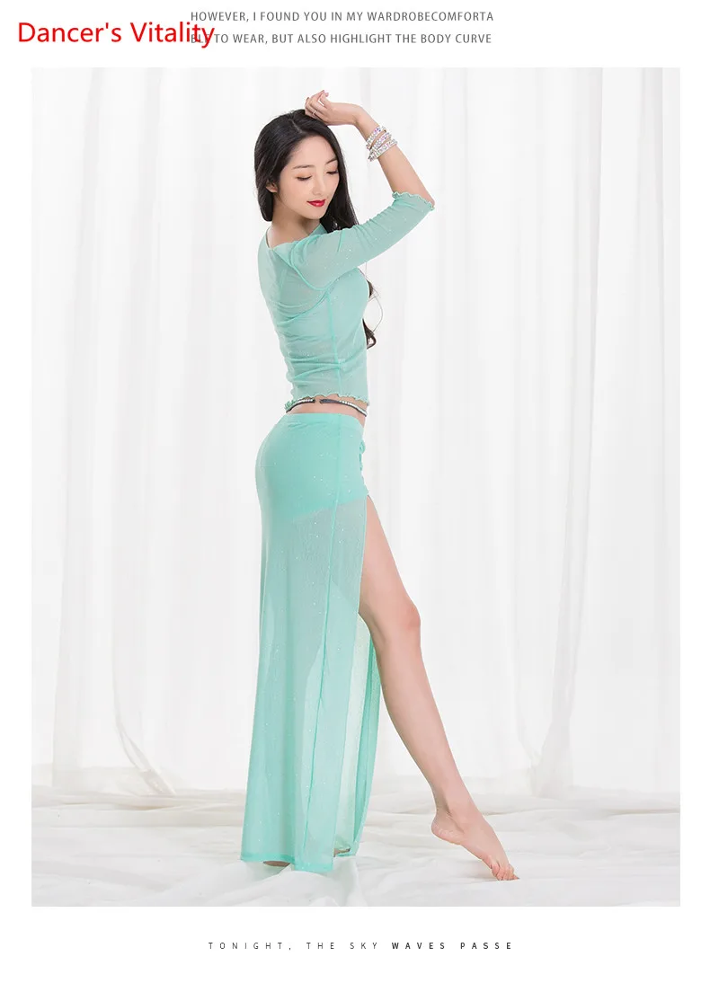 New 2 Piece Women Knit Dancewear Summer Long Sleeve Practical Bellydance Outfit Side Skirt Black Cheap On Sale