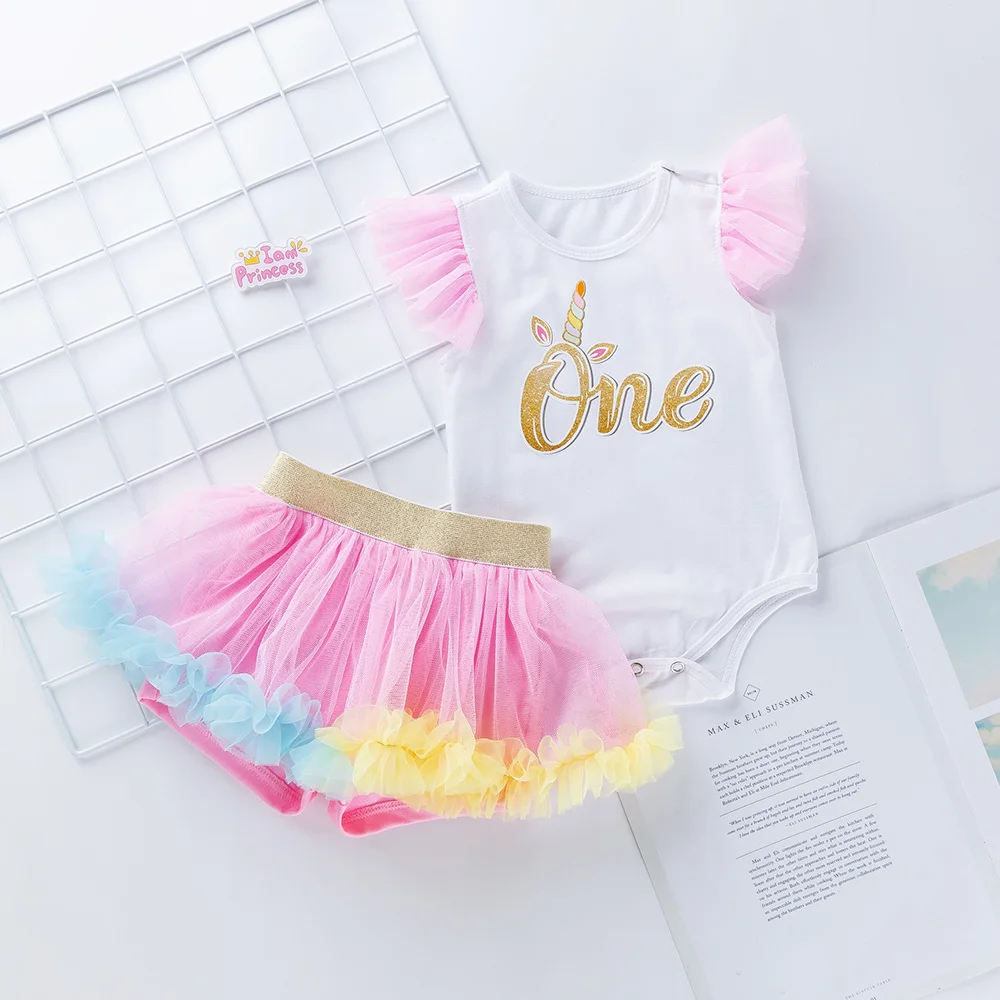 3 Pcs/set Baby Clothing Set Girls Sleeveless Romper + Tutu Skirt Newborn Ruffles Rainbow  Pants Jumpsuit Infant First Birthday baby clothing set red	