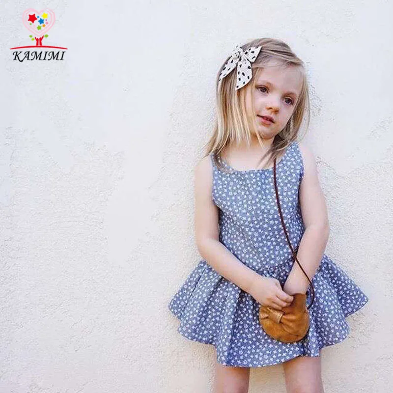 

KAMIMI 2017 Summer Baby Floral Pattern Dress Blue Sleeveless Girls Dresses for 0-4 Years Children Kids Casual Princess Sundress