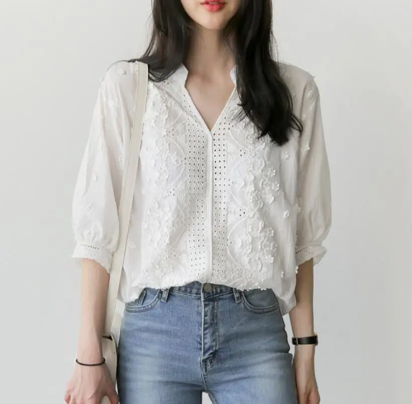 

New white shirt half sleeve Embroidery blouse hollow out Women's clothing V-neck Floral Office women's shoes For women S Tops